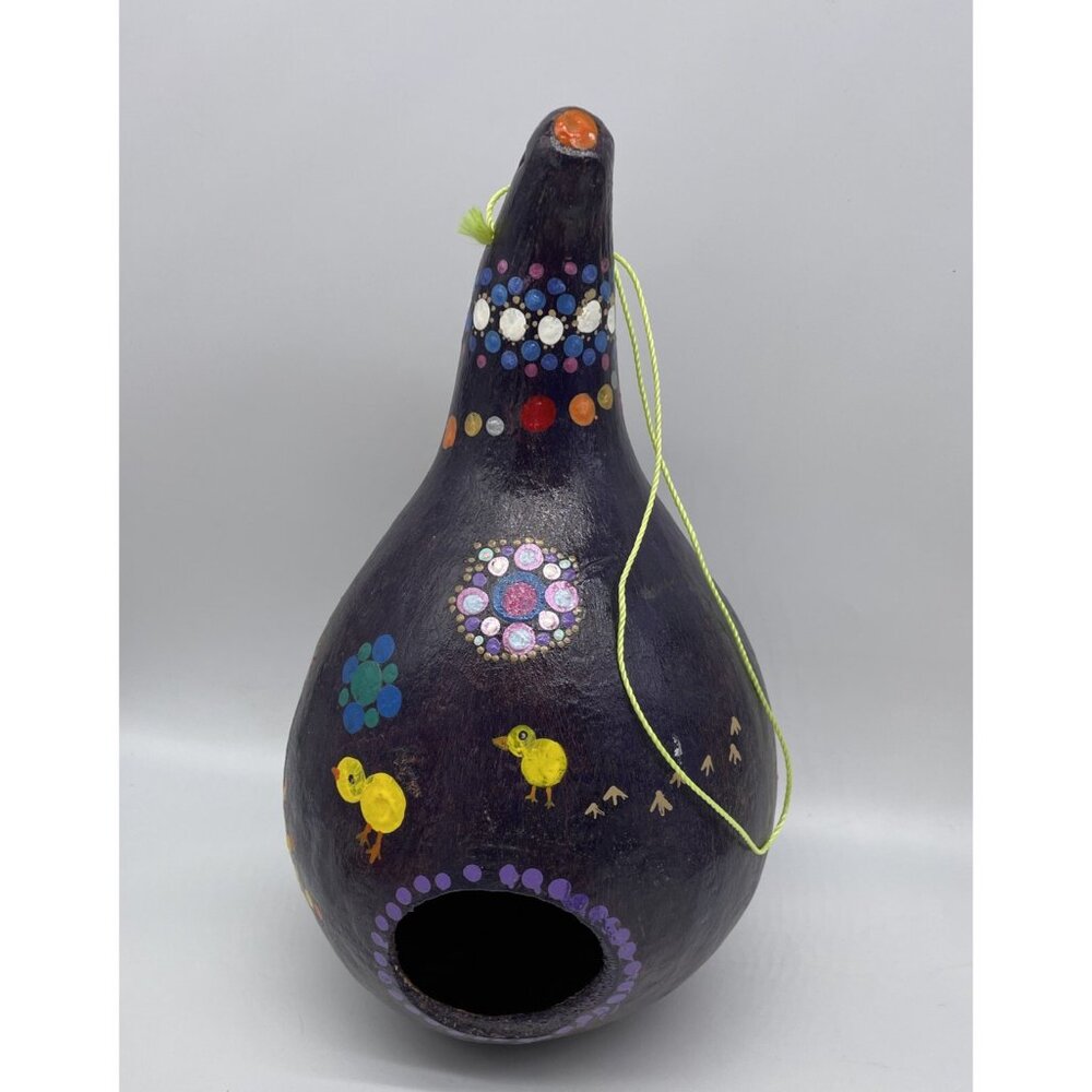 Artisan Gourd Dot Painting Bird House Chicks Purple Hanging Hand Painted Art 12”